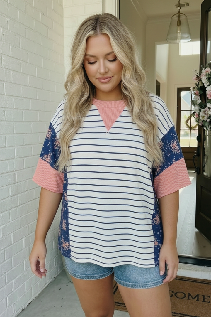 Stripe and Floral Mixed Media Oversized Top    Joy & Country
