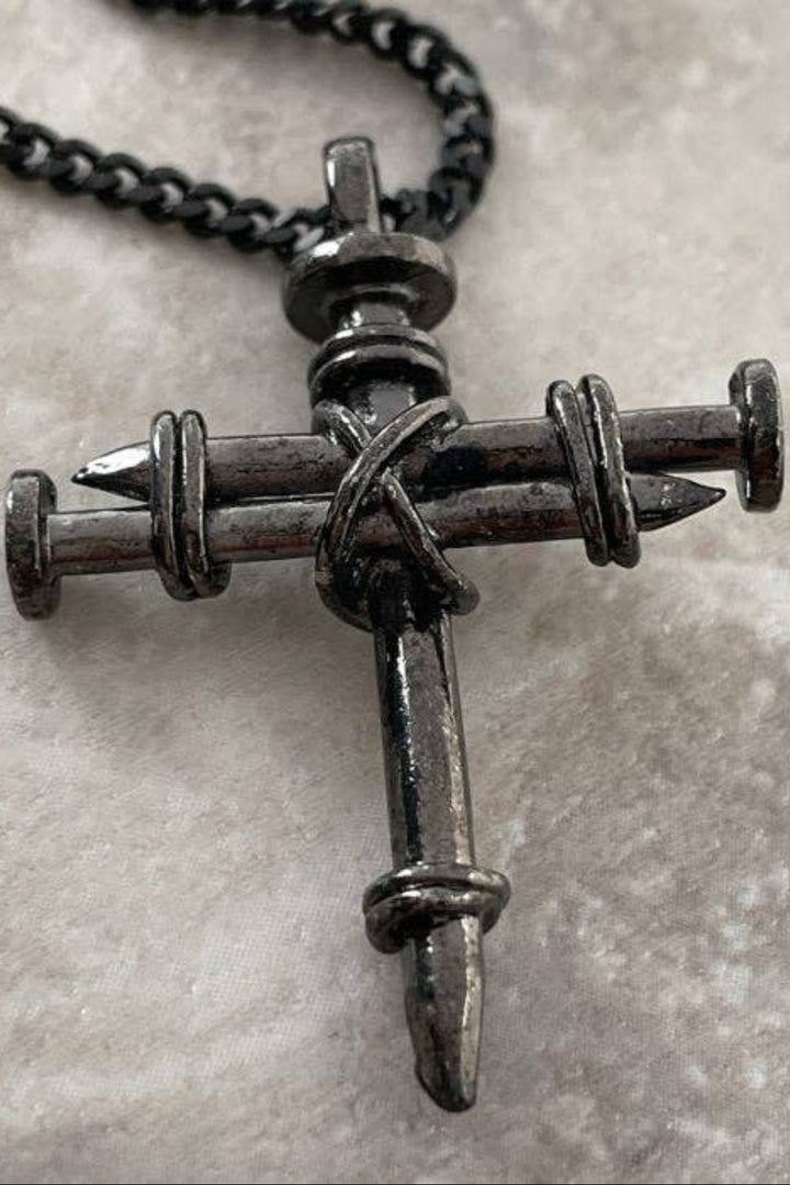 Nail Cross Necklace on 24" Stainless Steel Curb Chain - Gunmetal