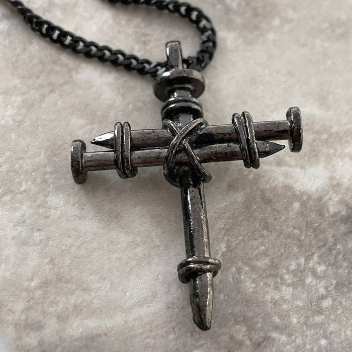 Nail Cross Necklace on 24" Stainless Steel Curb Chain - Gunmetal
