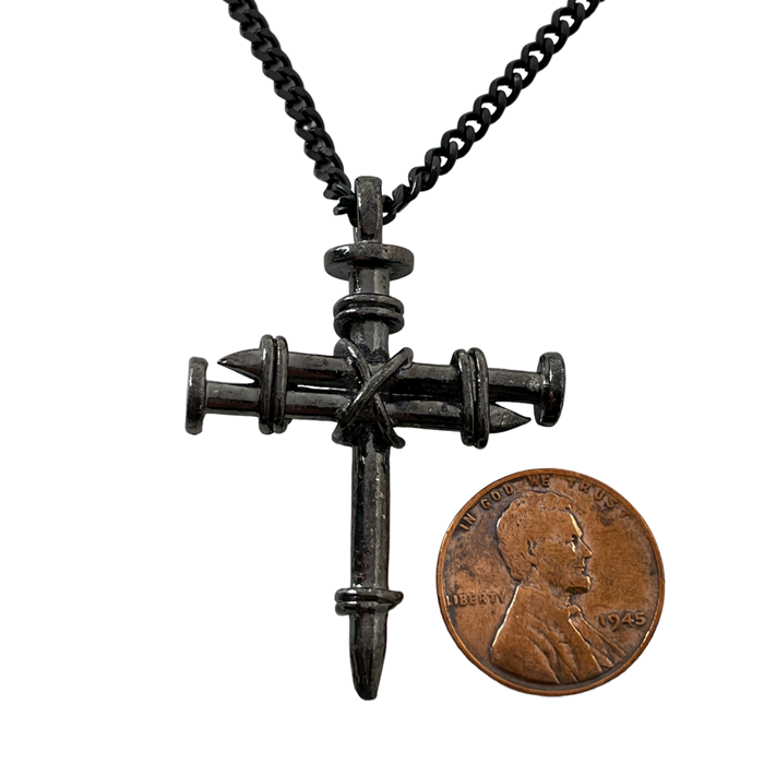 Nail Cross Necklace on 24" Stainless Steel Curb Chain - Gunmetal