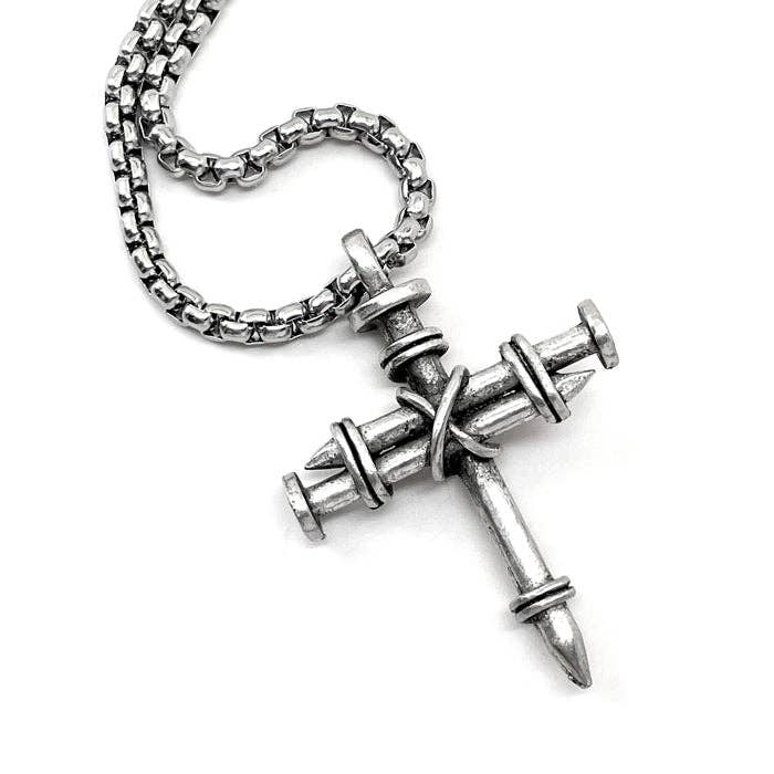 Nail Cross Necklace on Heavy 24" Stainless Steel Box Chain - Pewter