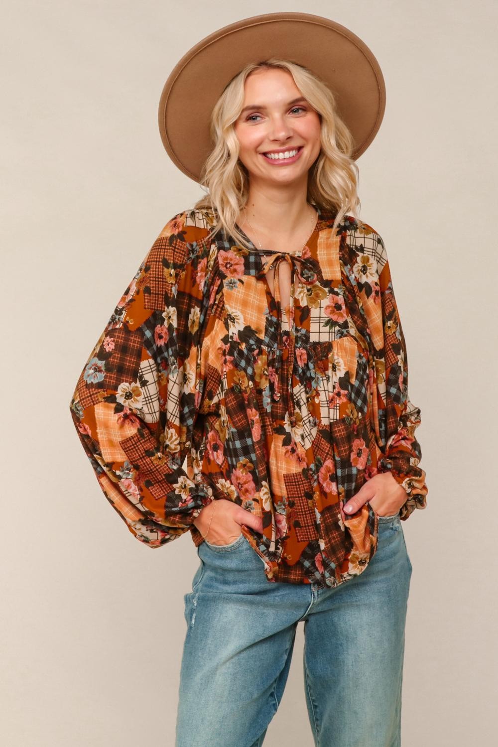 Apple Cider Patchwork Print Blouse    Joy & Country