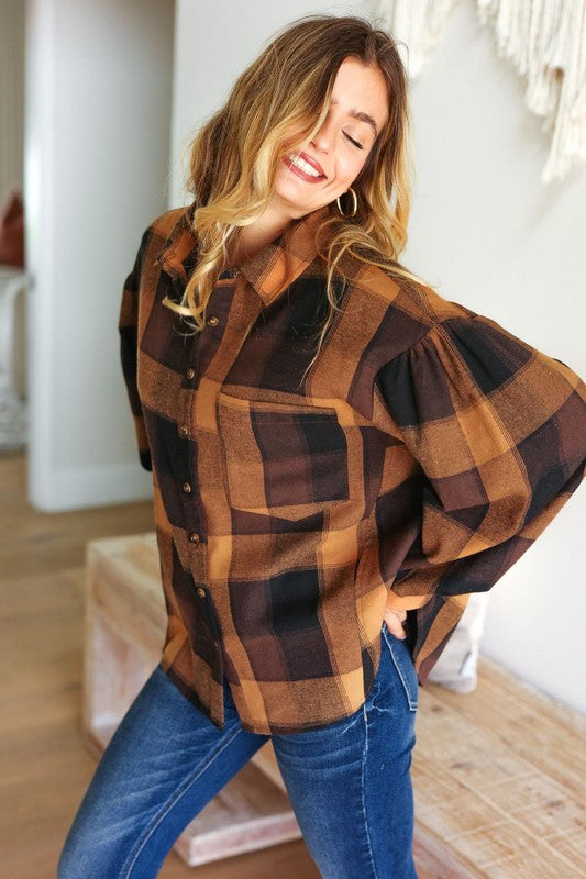 Plaid Button-Down Oversized Top - Camel & Charcoal - Joy & Country