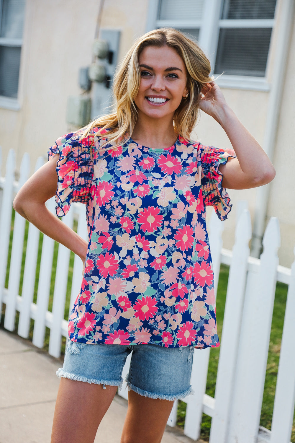 Floral Smocked Ruffle-Sleeve Top - Joy & Country