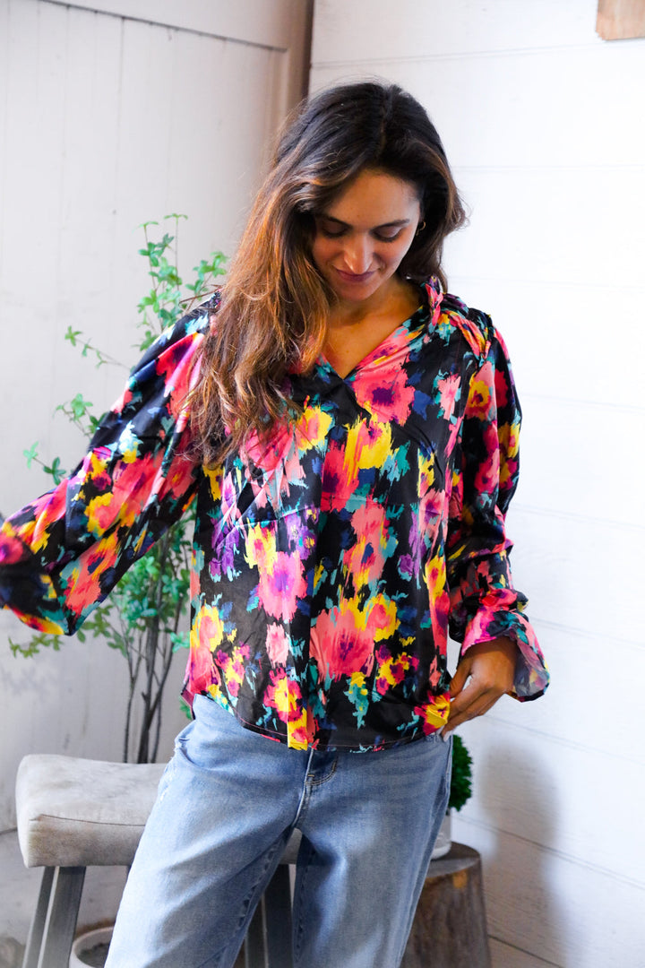 Bold and Blooming Bubble Sleeve Woven Blouse    Joy & Country