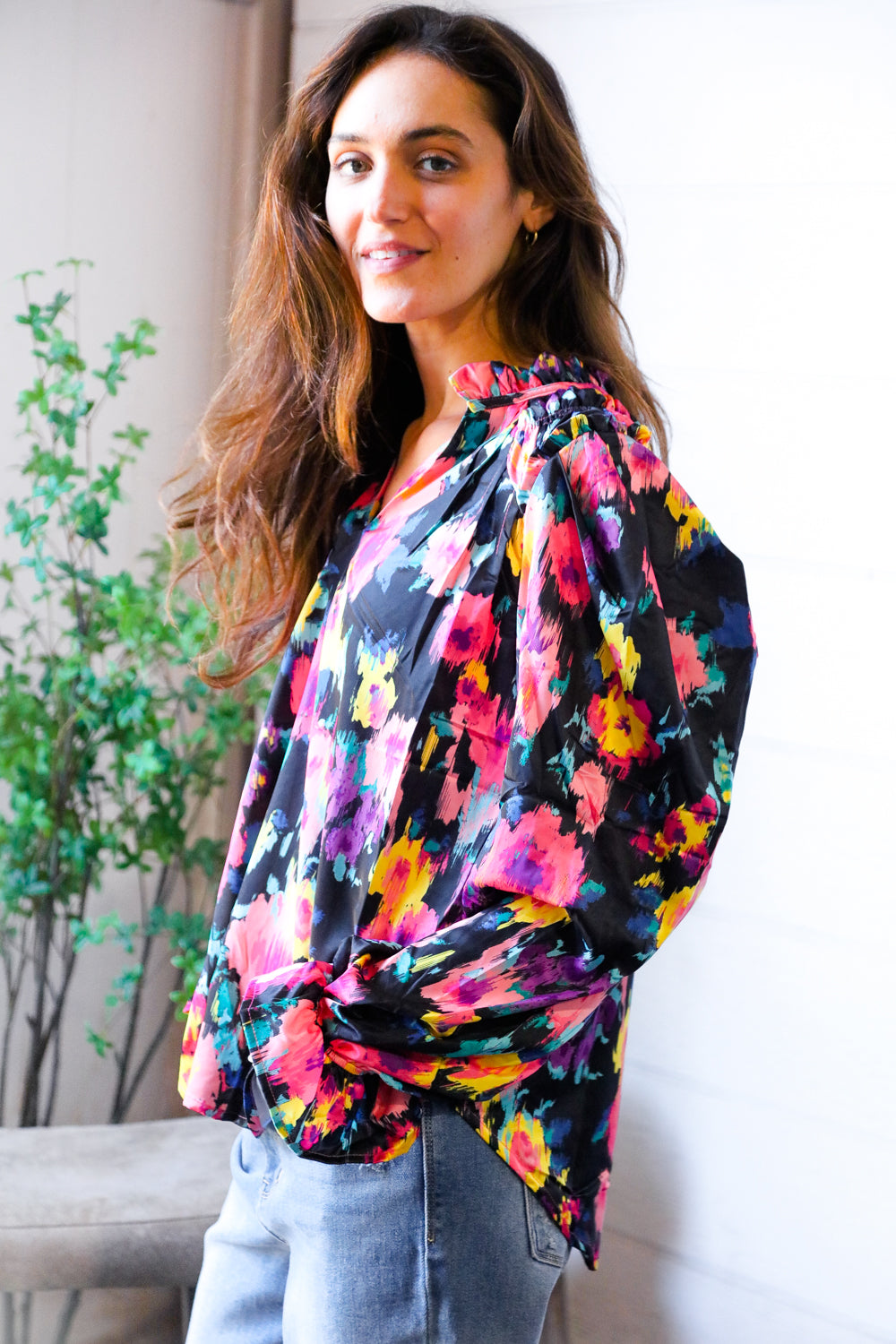 Bold and Blooming Bubble Sleeve Woven Blouse    Joy & Country