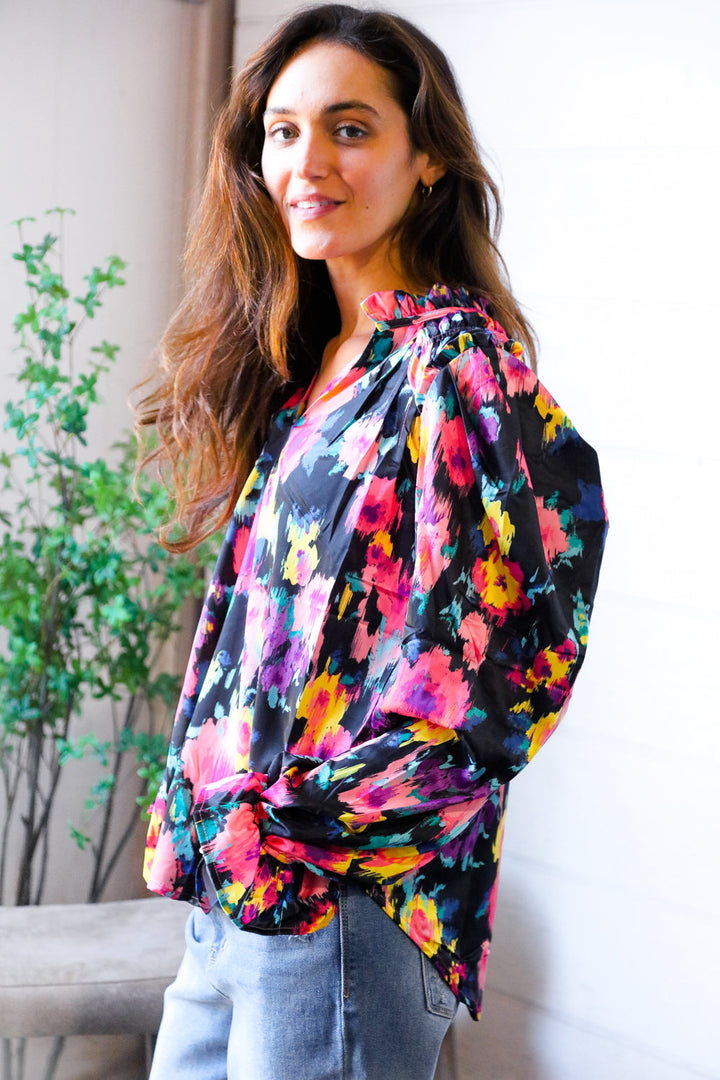 Bold and Blooming Bubble Sleeve Woven Blouse    Joy & Country