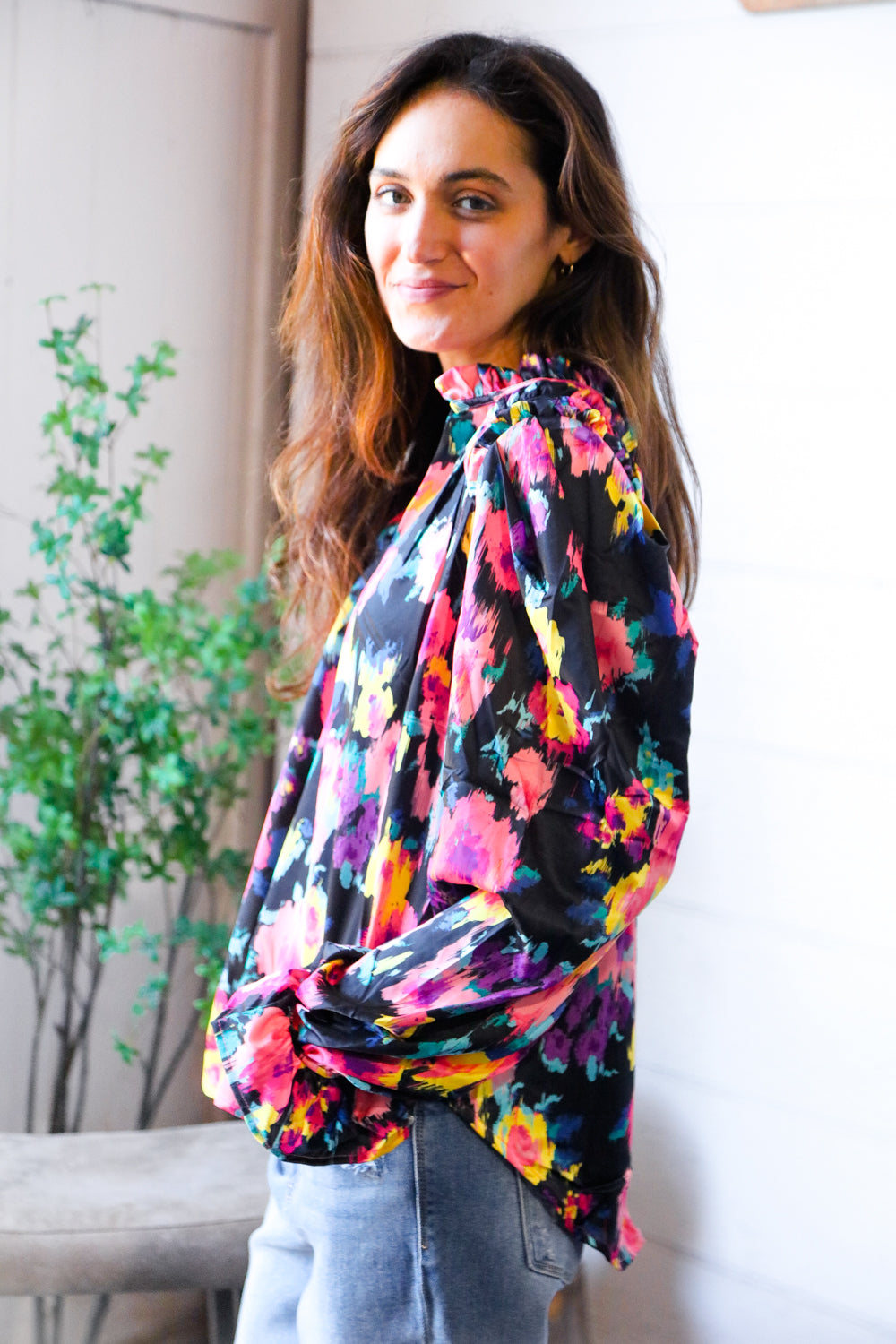 Bold and Blooming Bubble Sleeve Woven Blouse    Joy & Country