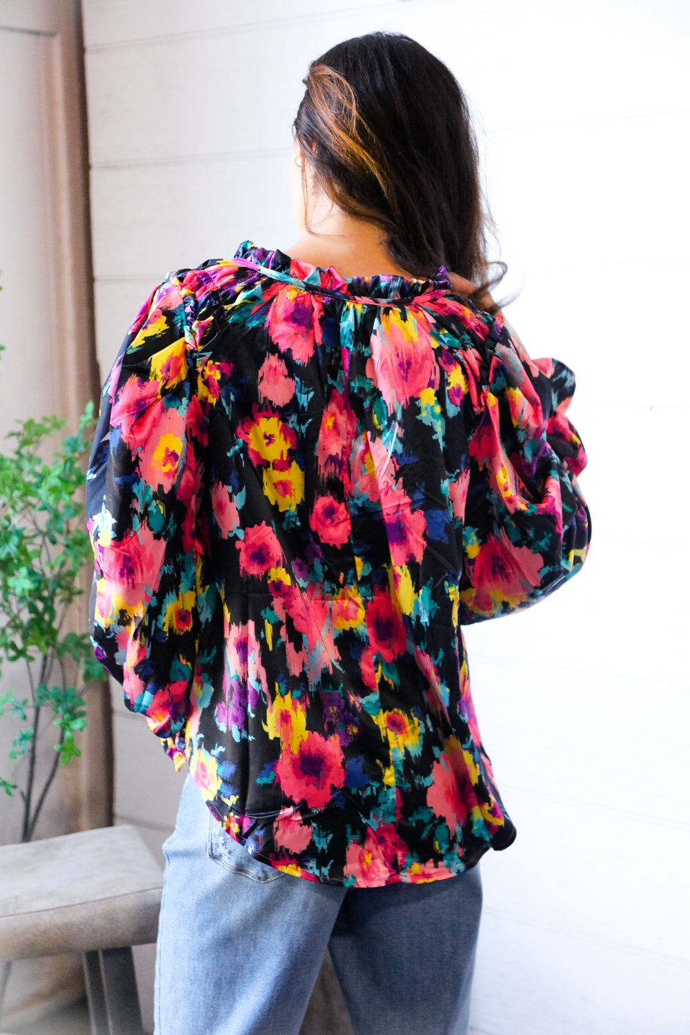 Bold and Blooming Bubble Sleeve Woven Blouse    Joy & Country