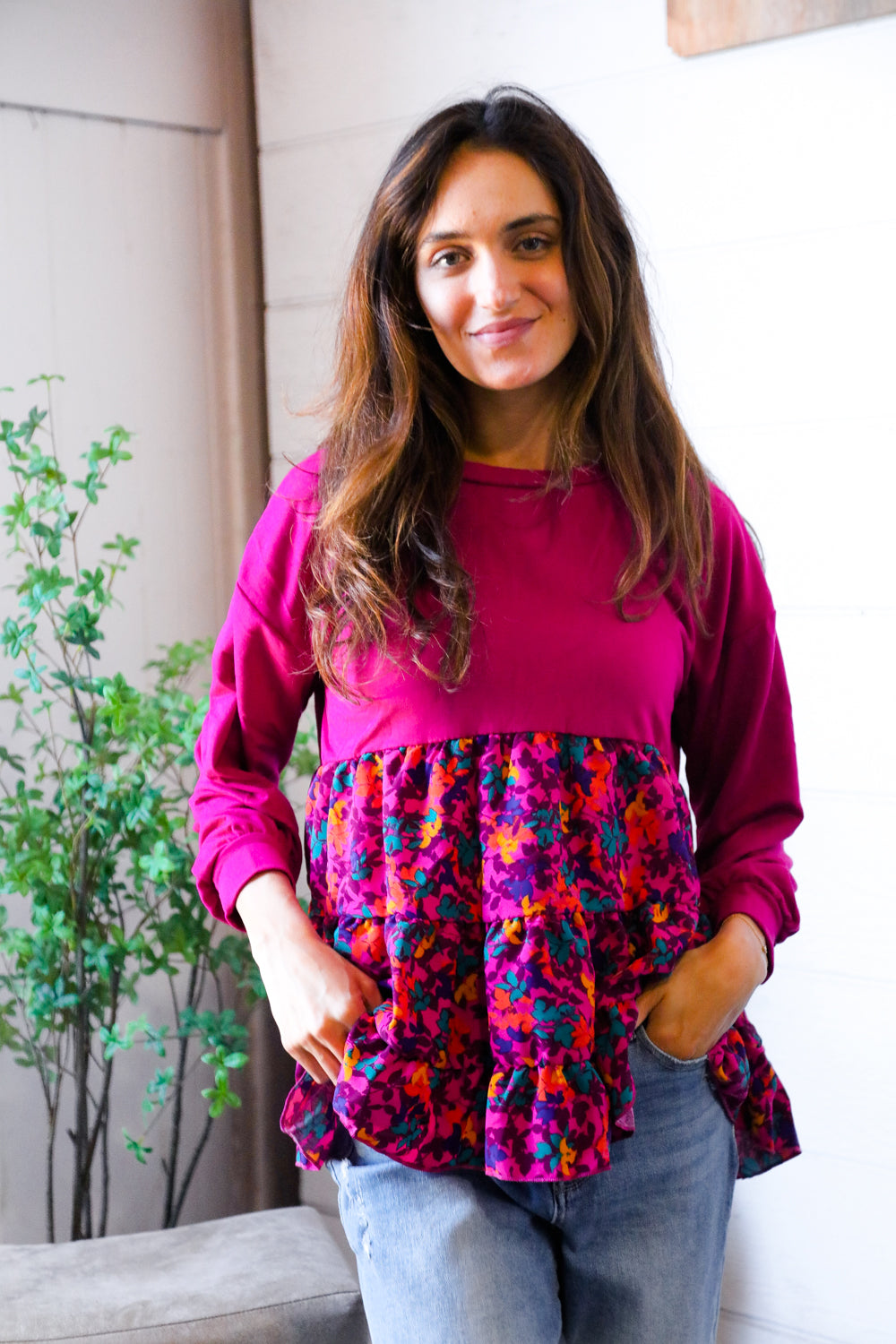 Fuchsia Fizz Drop Shoulder Babydoll Blouse    Joy & Country