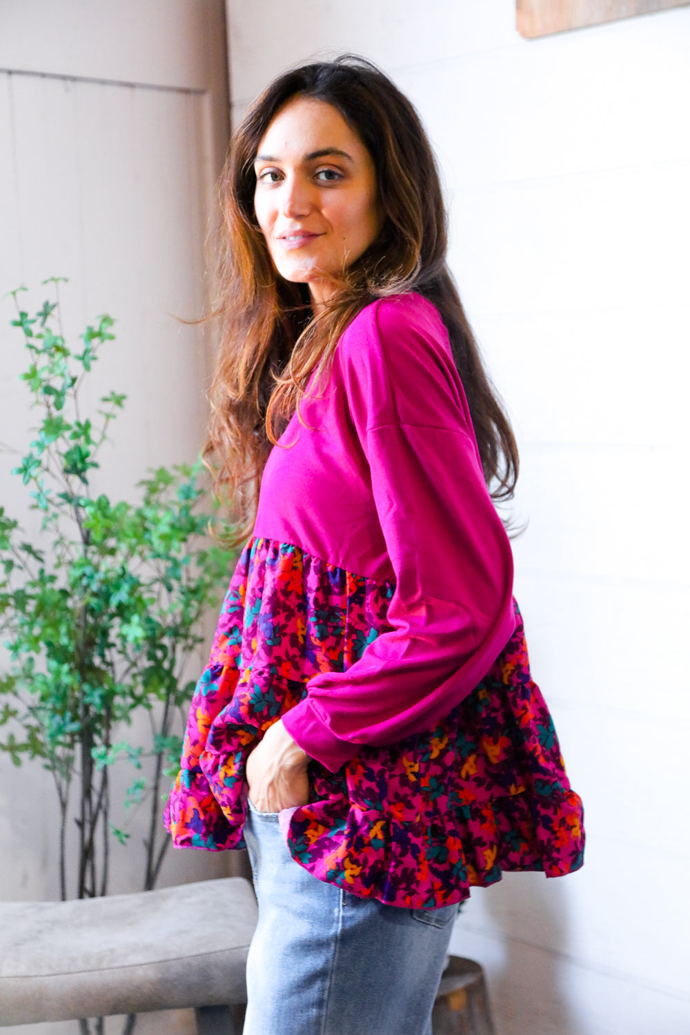 Fuchsia Fizz Drop Shoulder Babydoll Blouse    Joy & Country