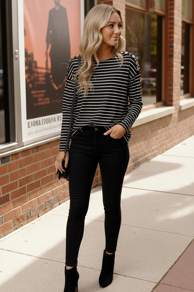Chic & Buttoned Black and White Tee    Joy & Country