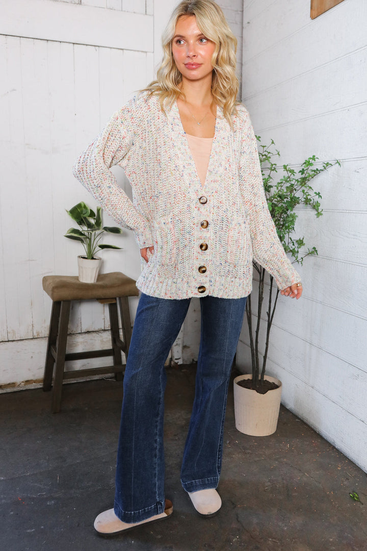 Cozy in Confetti Pocketed Button Cardigan    Joy & Country