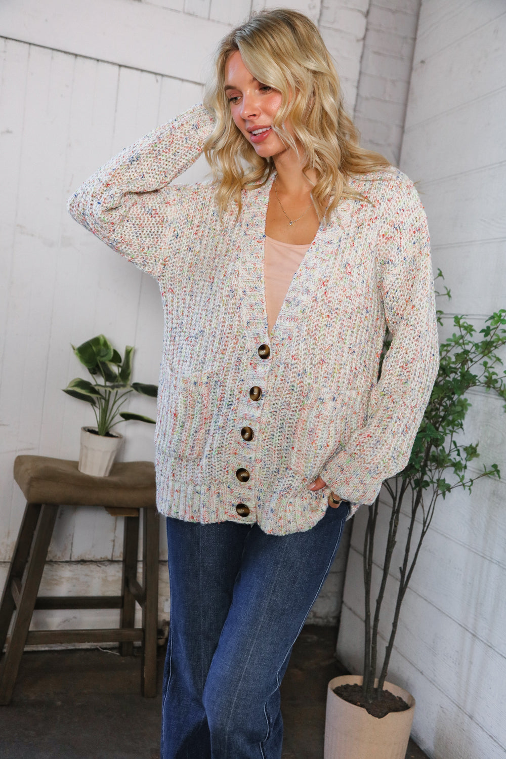 Cozy in Confetti Pocketed Button Cardigan    Joy & Country