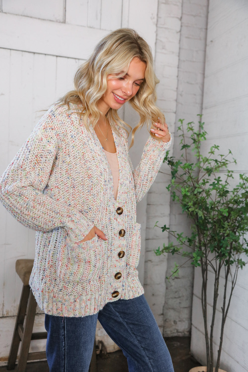 Cozy in Confetti Pocketed Button Cardigan    Joy & Country