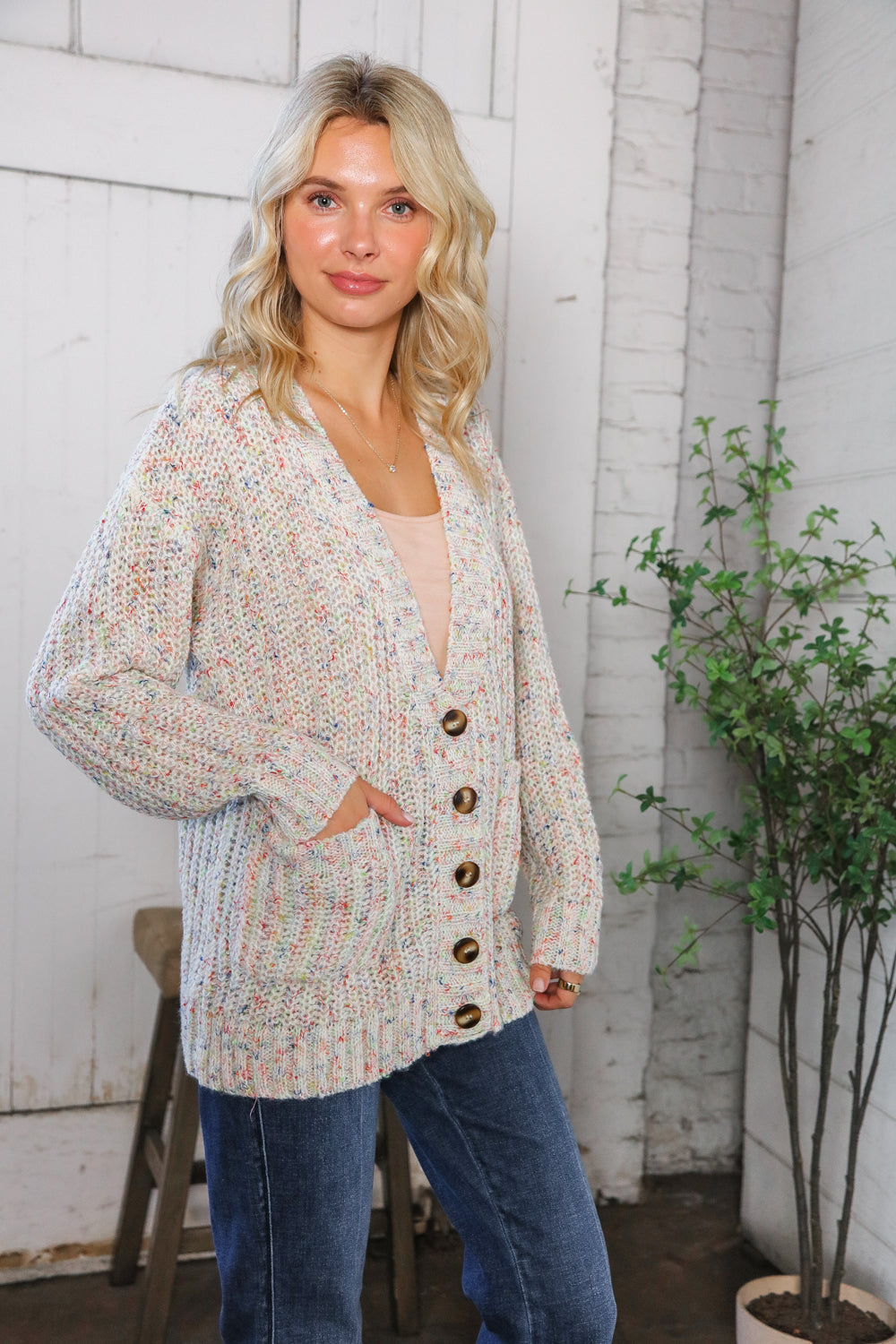 Cozy in Confetti Pocketed Button Cardigan    Joy & Country