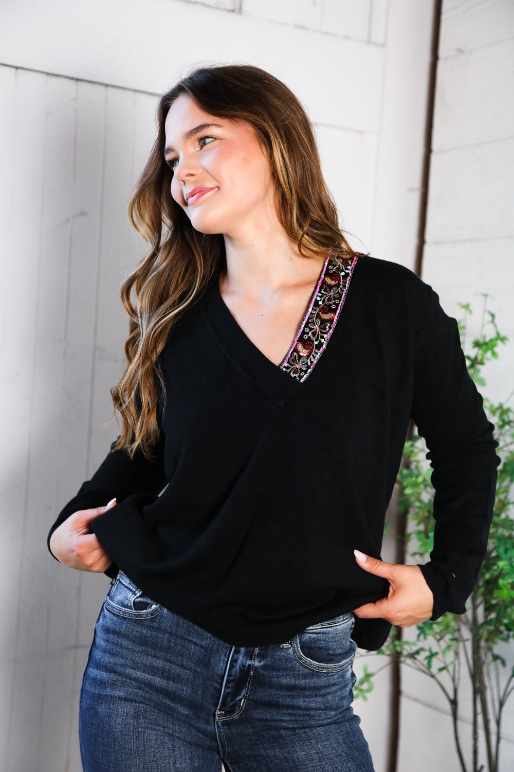 Twilight Charms Beaded V Neck Sweater    Joy & Country
