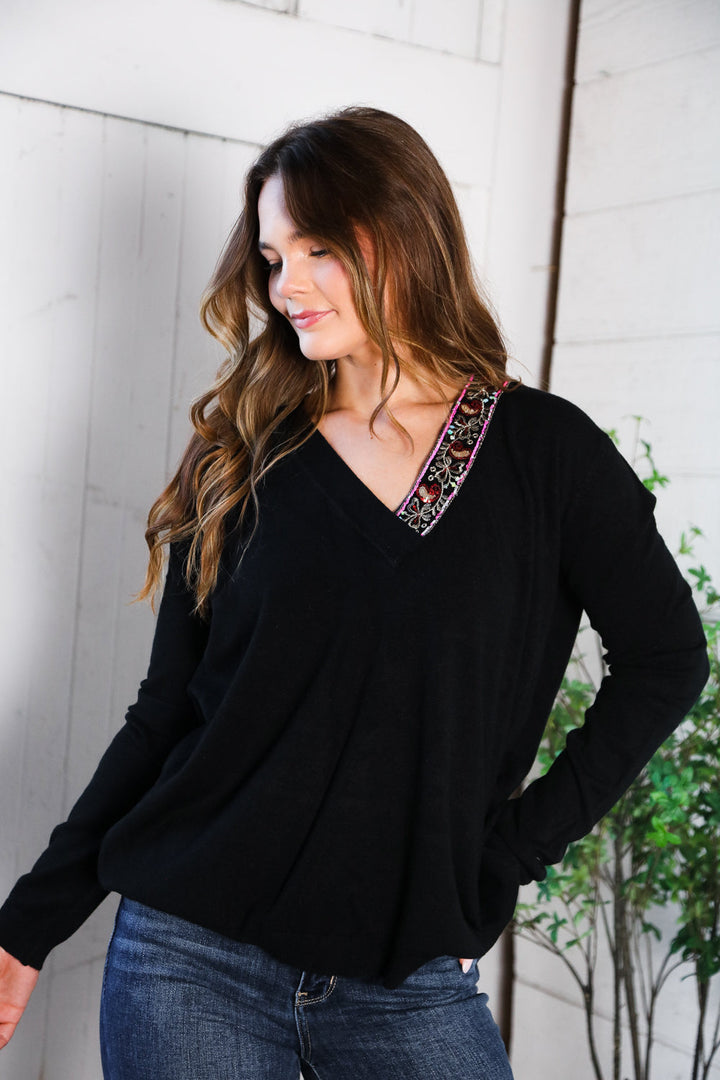 Twilight Charms Beaded V Neck Sweater    Joy & Country