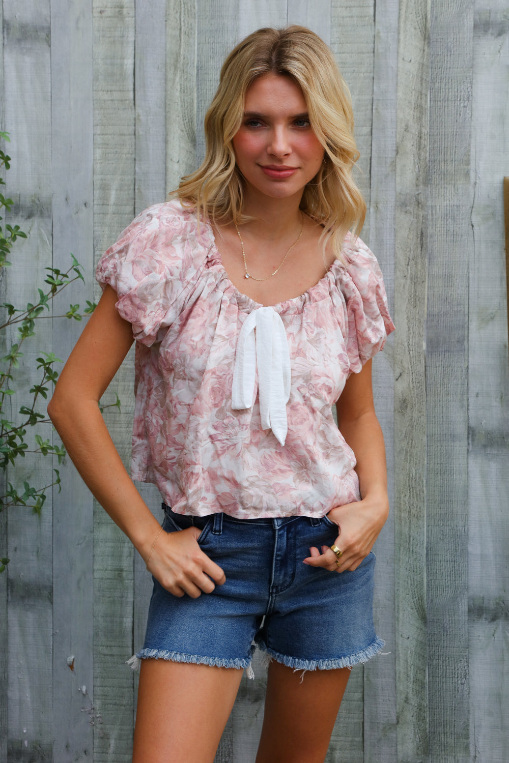 Feeling Femme' Blush Scoop Neck Bubble Sleeve Floral Top w/Bow    Joy & Country