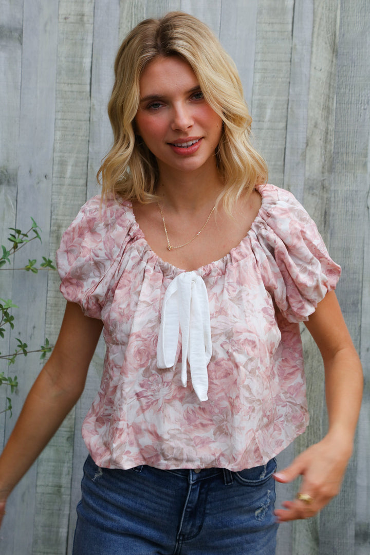 Feeling Femme' Blush Scoop Neck Bubble Sleeve Floral Top w/Bow    Joy & Country