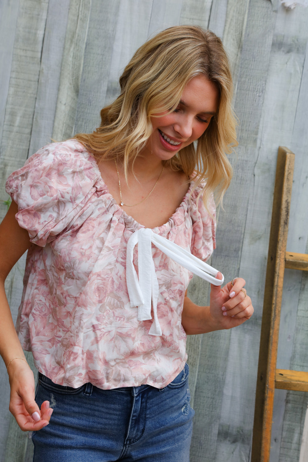 Feeling Femme' Blush Scoop Neck Bubble Sleeve Floral Top w/Bow    Joy & Country