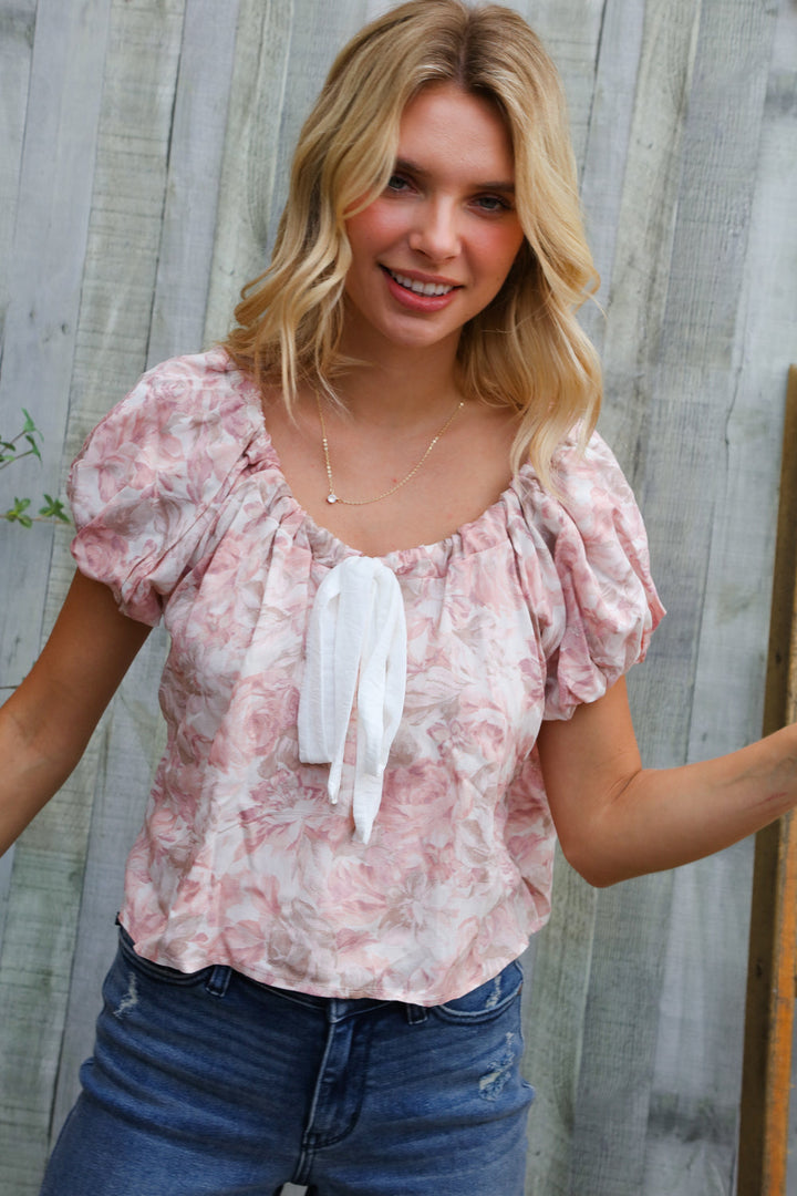 Feeling Femme' Blush Scoop Neck Bubble Sleeve Floral Top w/Bow    Joy & Country