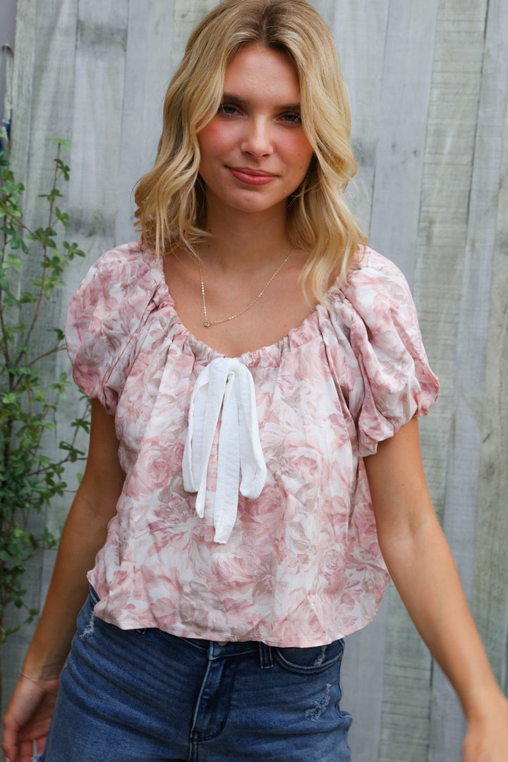 Feeling Femme' Blush Scoop Neck Bubble Sleeve Floral Top w/Bow    Joy & Country