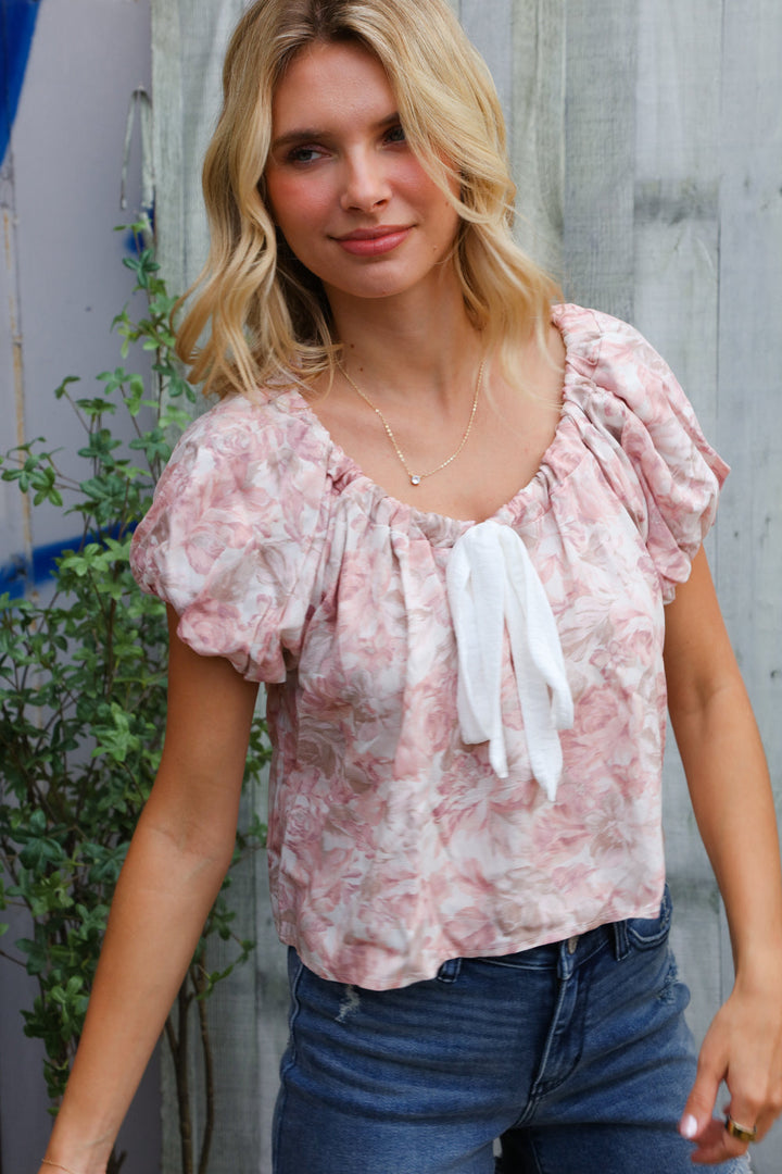 Feeling Femme' Blush Scoop Neck Bubble Sleeve Floral Top w/Bow    Joy & Country