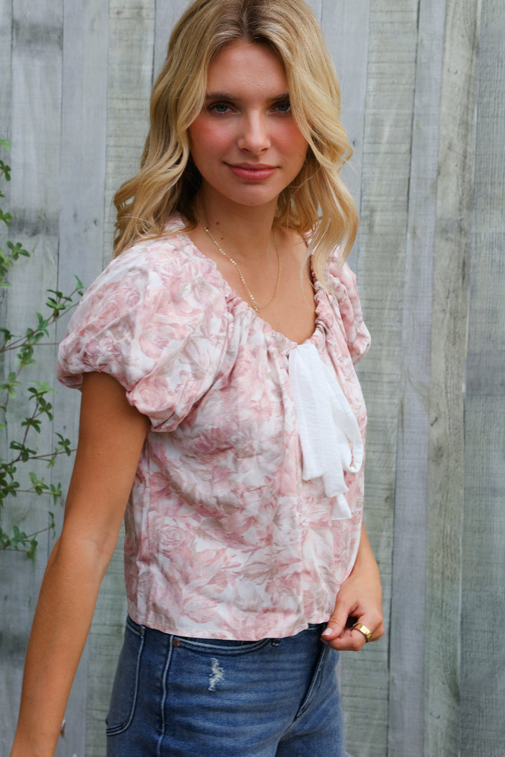 Feeling Femme' Blush Scoop Neck Bubble Sleeve Floral Top w/Bow    Joy & Country