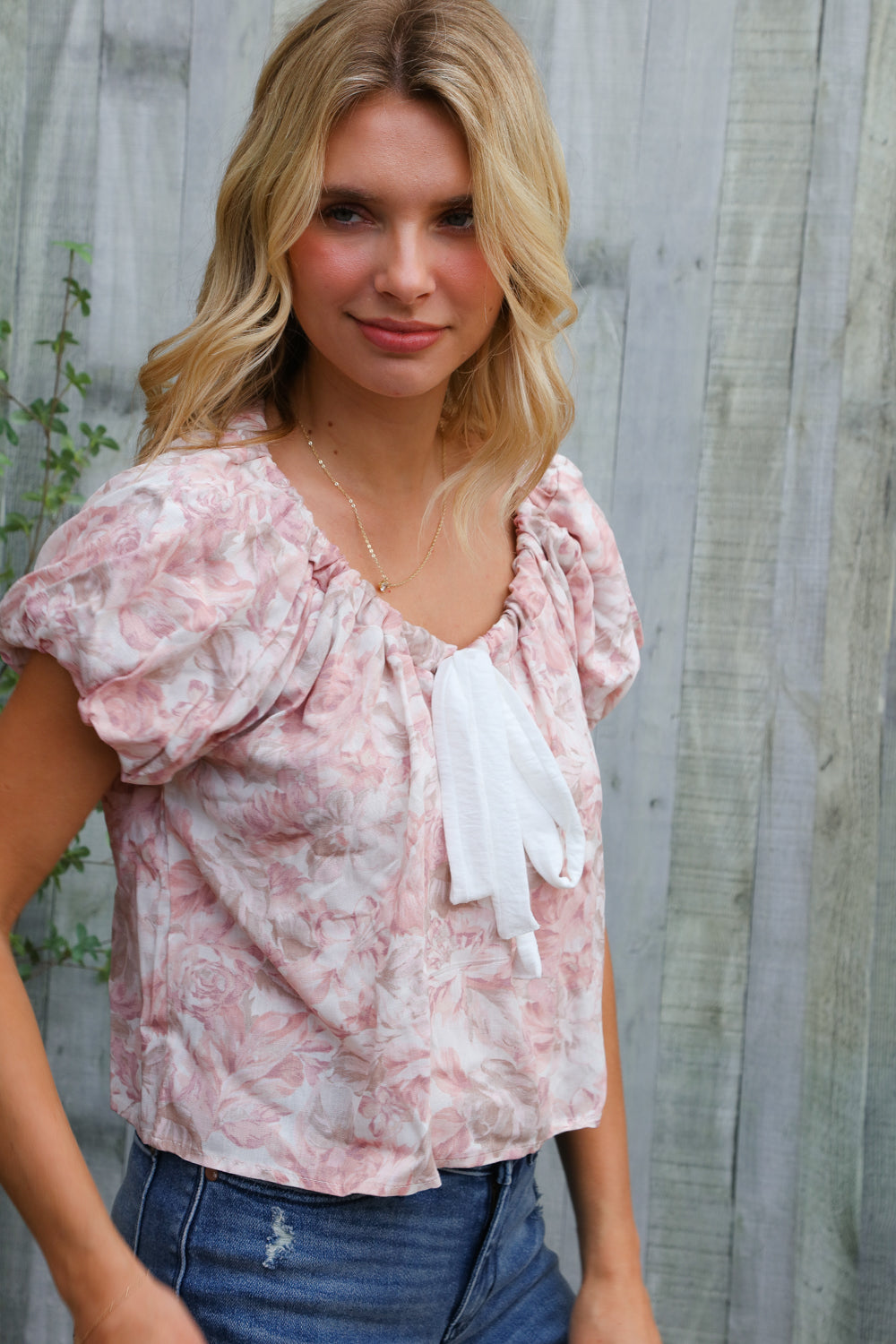 Feeling Femme' Blush Scoop Neck Bubble Sleeve Floral Top w/Bow    Joy & Country