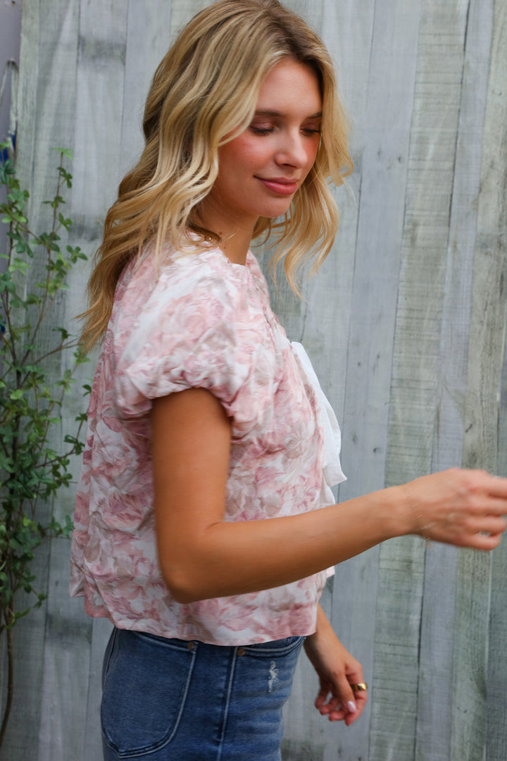 Feeling Femme' Blush Scoop Neck Bubble Sleeve Floral Top w/Bow    Joy & Country