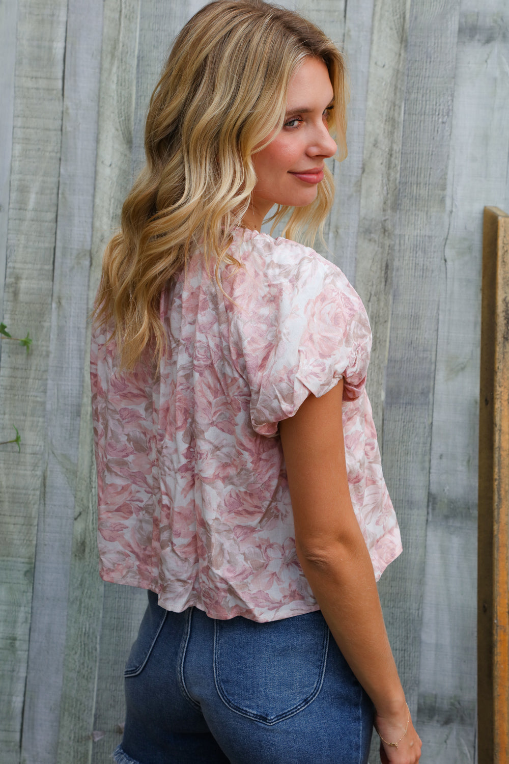 Feeling Femme' Blush Scoop Neck Bubble Sleeve Floral Top w/Bow    Joy & Country