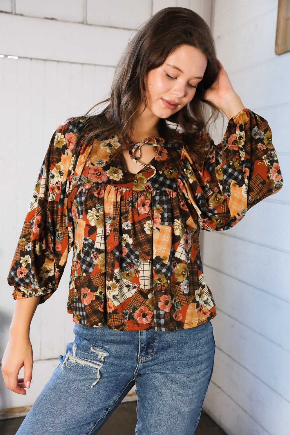 Autumn Charm Apple Cider Patchwork Blouse   Blouses Joy & Country