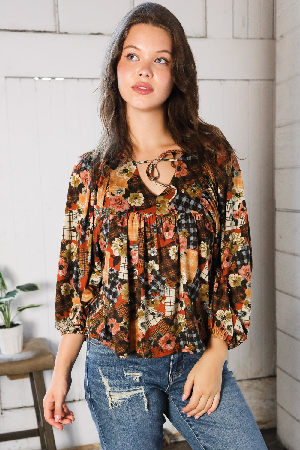 Autumn Charm Apple Cider Patchwork Blouse   Blouses Joy & Country