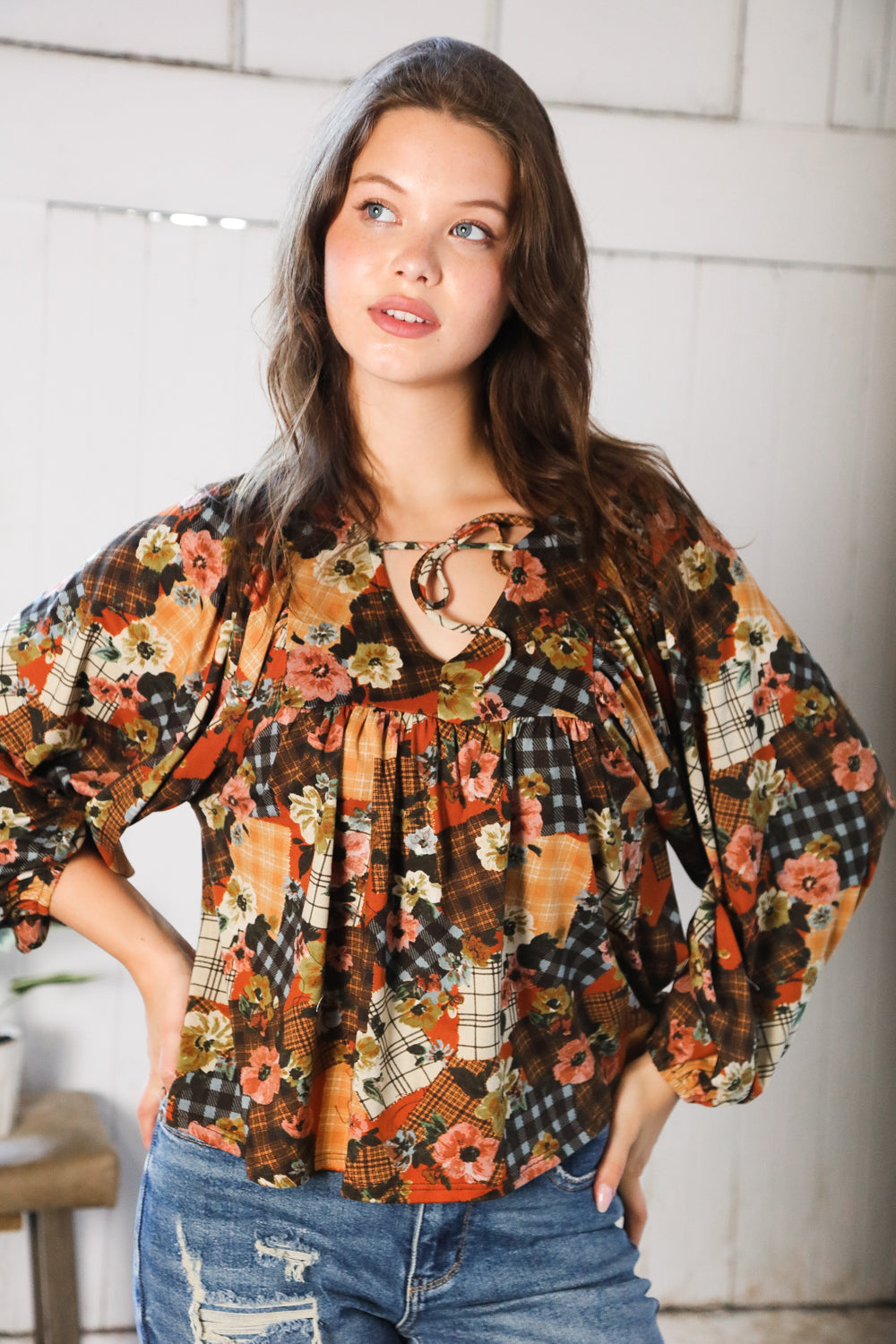 Autumn Charm Apple Cider Patchwork Blouse   Blouses Joy & Country