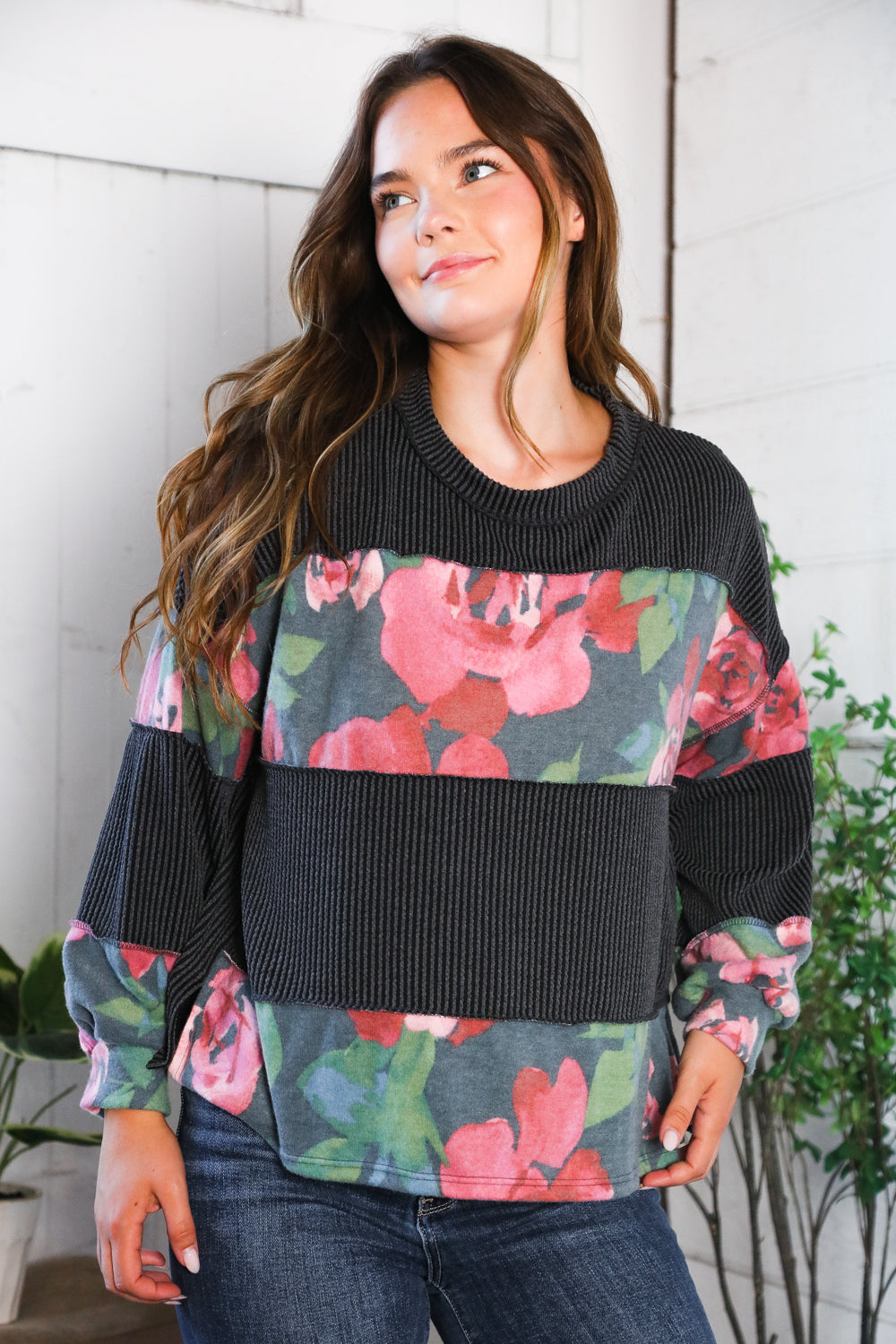 Cottage Roses Charcoal Color Block Long Sleeve    Joy & Country
