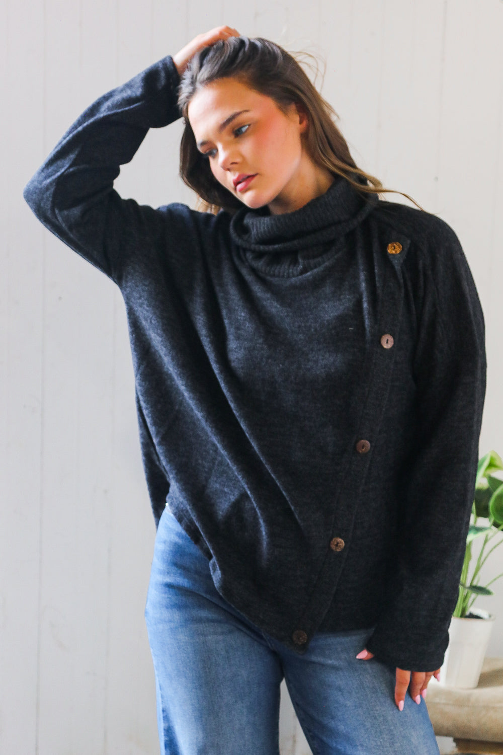 Buttoned Bliss Black Cozy Sweater    Joy & Country