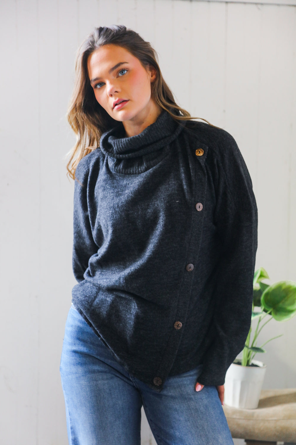 Buttoned Bliss Black Cozy Sweater    Joy & Country