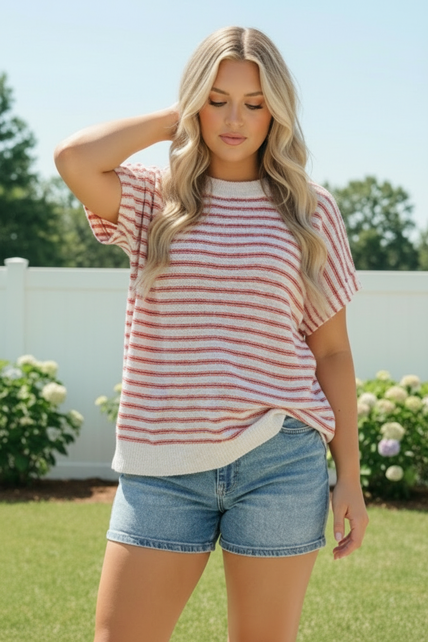 Breezy Stripe Knit Top in Ivory and Red    Joy & Country