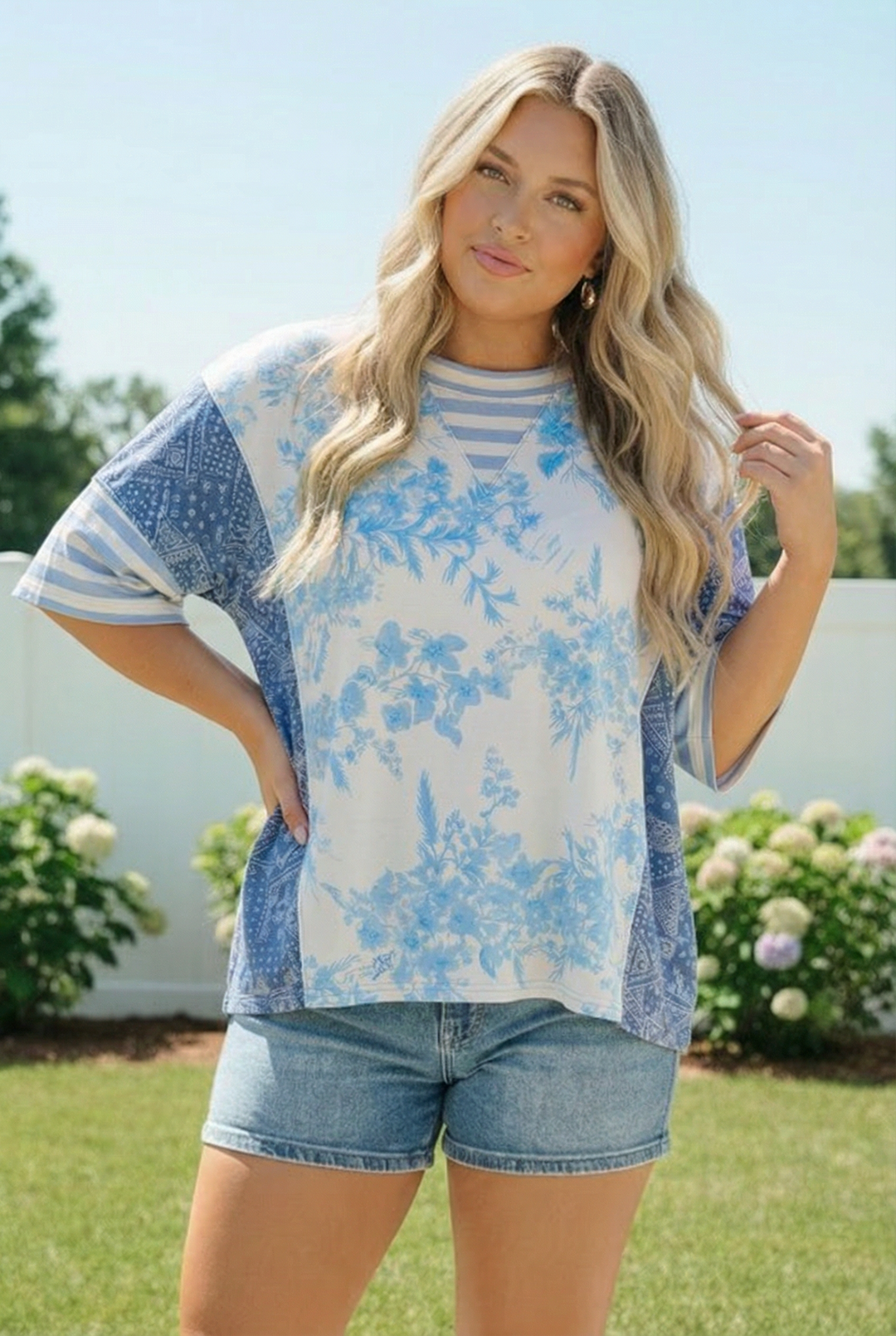 Blue Toile Mixed Print Oversized Tee    Joy & Country