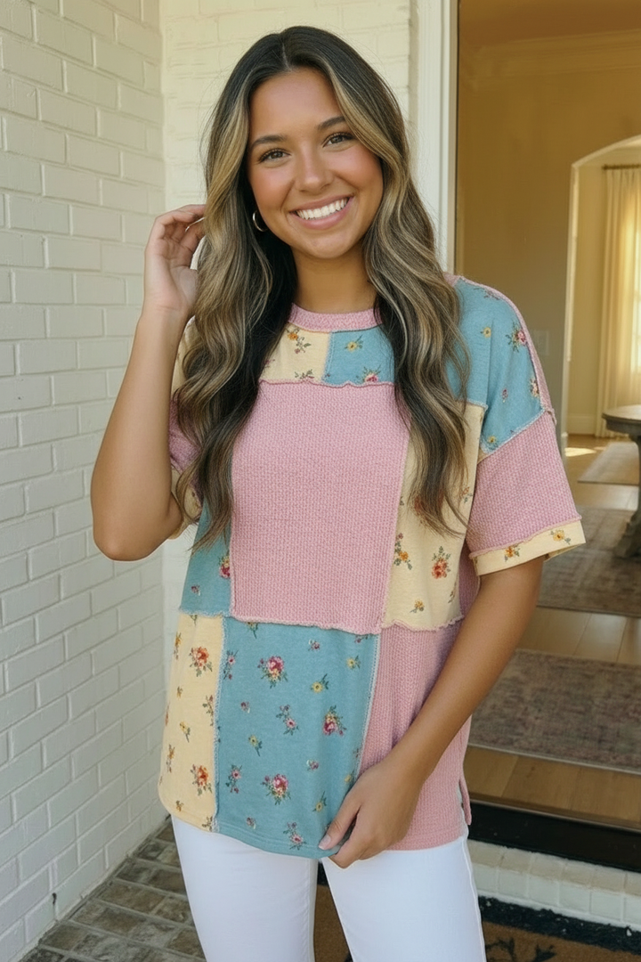 Patchwork Floral Waffle Knit Top    Joy & Country