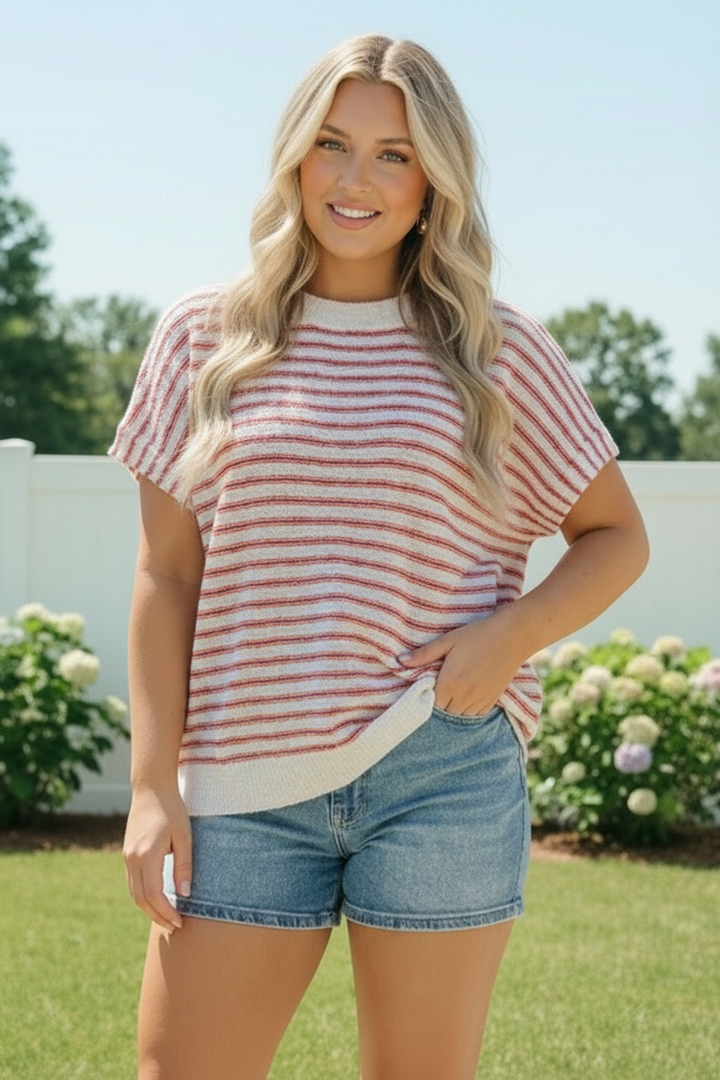 Breezy Stripe Knit Top in Ivory and Red    Joy & Country