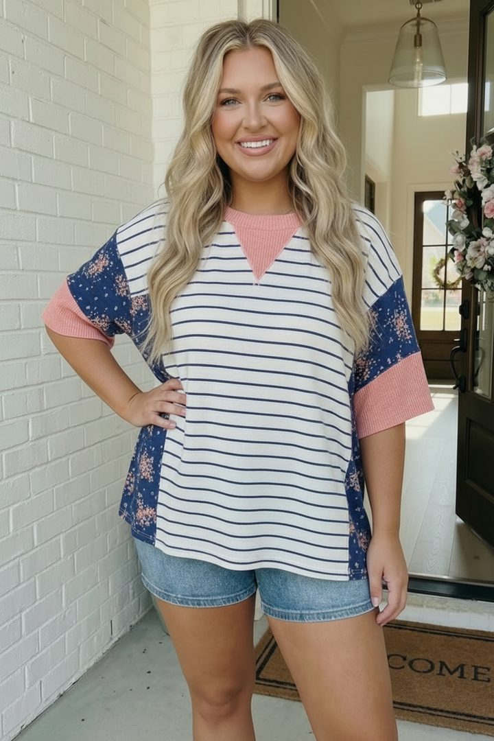 Stripe and Floral Mixed Media Oversized Top    Joy & Country