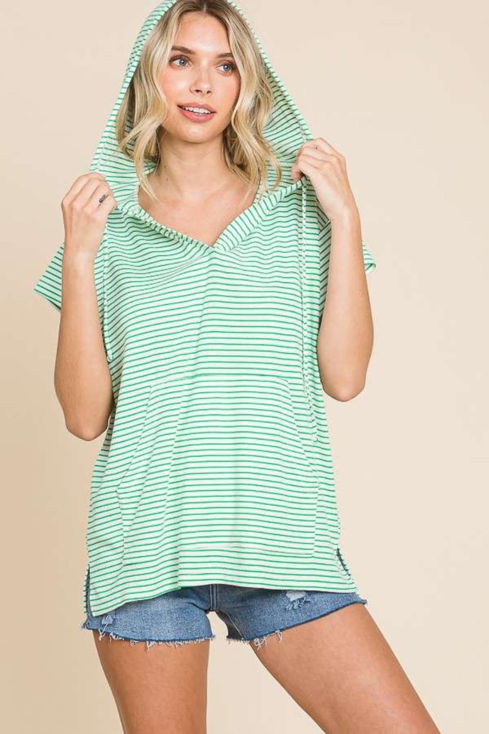 Striped Short Sleeve Hooded Top (Candy Green) - Joy & Country