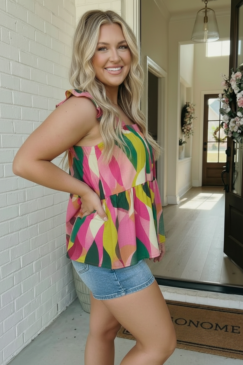 Artsy Bloom Ruffle Sleeve Babydoll Top