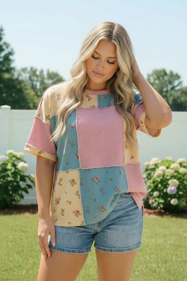 Patchwork Floral Waffle Knit Top    Joy & Country
