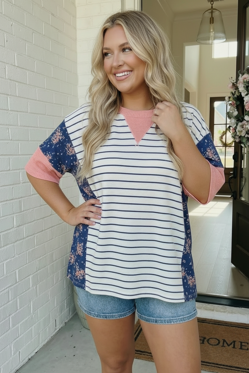 Stripe and Floral Mixed Media Oversized Top    Joy & Country