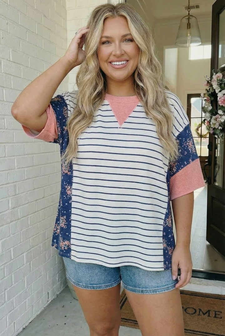 Stripe and Floral Mixed Media Oversized Top    Joy & Country