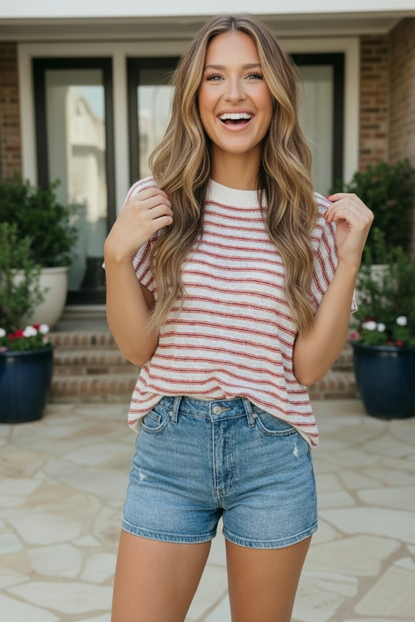 Breezy Stripe Knit Top in Ivory and Red    Joy & Country