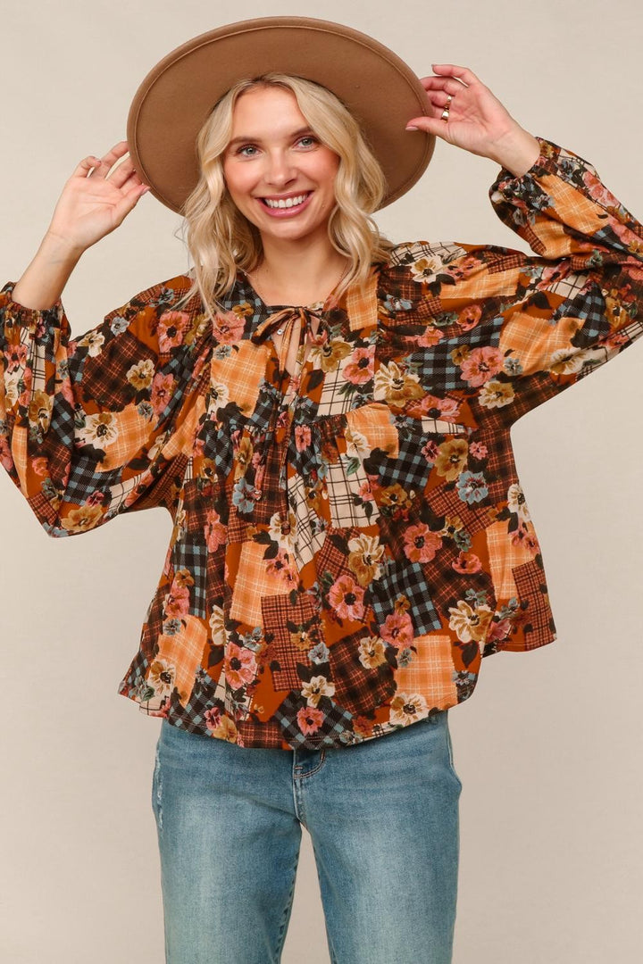 Apple Cider Patchwork Print Blouse    Joy & Country